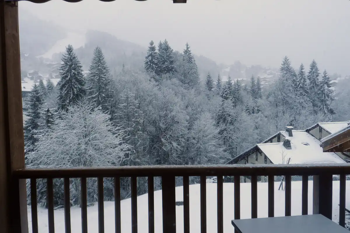 The balcony view from Les Chalets de Leana in Les Carroz, Grand Massif