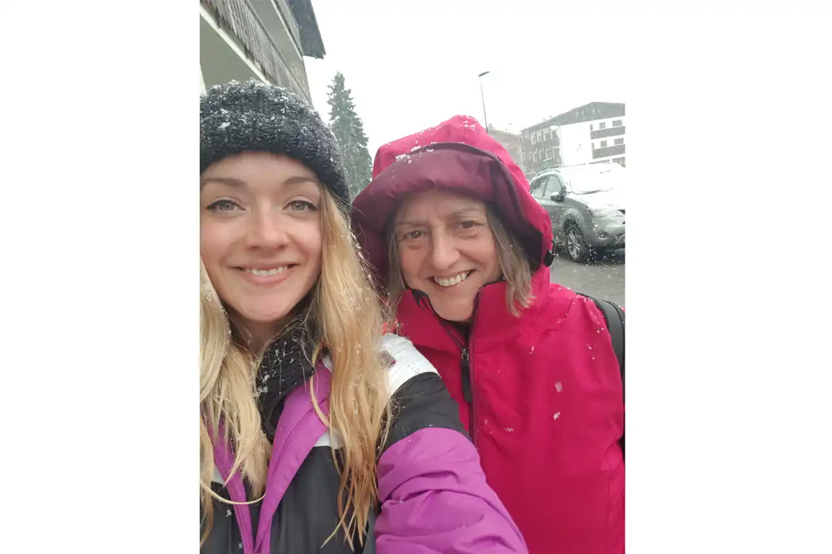 Family skiing in Les Carroz: Francesca and her mum